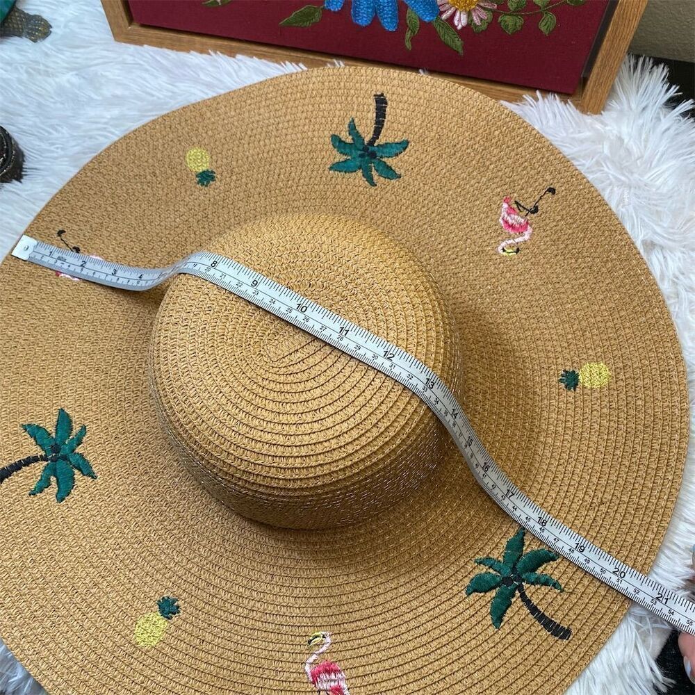 Women's Beige Palm Tree Embroidered Straw Sun Hat Wide Brim Summer Casual - Picture 7 of 8